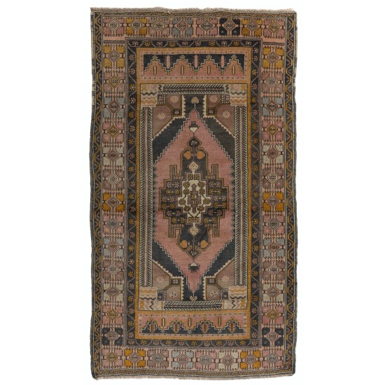 Nice Handmade Vintage Turkish Oriental Wool Rug with Tribal Style. 4.4 x 7.3 Ft (133 x 222 cm)