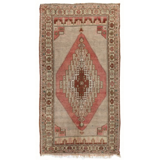 Handmade Turkish Village Rug, Vintage Wool Carpet with Medallion Design. 4.5 x 8.6 Ft (135 x 260 cm)