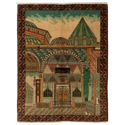 One-of-a-Kind Pictorial 1930s Konya Rug Depicting Tomb of Scholar Mevlana (Rumi). 4.7 x 6 Ft (142 x 183 cm)