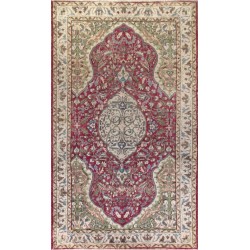 One of a pair Vintage Handmade Medallion Design Turkish Rug in Red and Green Color. 5.6 x 9.2 Ft (170 x 280 cm)