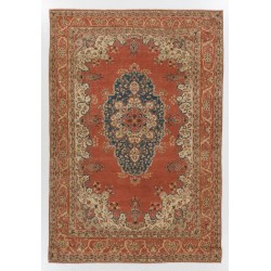 Vintage Handmade Turkish Oriental Rug. Red, Navy Blue and Beige Color Carpet. 6.9 x 10 Ft (208 x 303 cm)