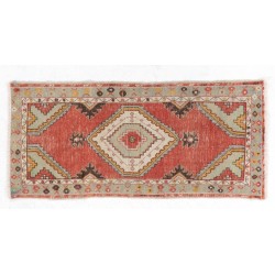 Vintage Turkish Handmade Rug. Red, Ivory, Mint Green and Rust color Carpet. 2.6 x 5.7 Ft (78 x 171 cm)