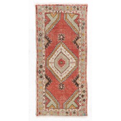 Vintage Turkish Handmade Rug. Red, Ivory, Mint Green and Rust color Carpet. 2.6 x 5.7 Ft (78 x 171 cm)