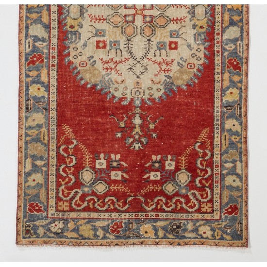Mid-Century Turkish Handmade Wool Accent Rug for Country Home, Rustic Decor. 3 x 6.4 Ft (90 x 193 cm)