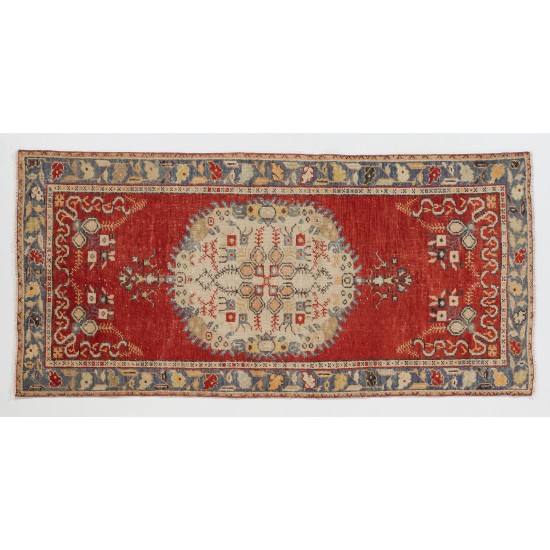 Mid-Century Turkish Handmade Wool Accent Rug for Country Home, Rustic Decor. 3 x 6.4 Ft (90 x 193 cm)