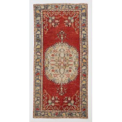 Mid-Century Turkish Handmade Wool Accent Rug for Country Home, Rustic Decor. 3 x 6.4 Ft (90 x 193 cm)
