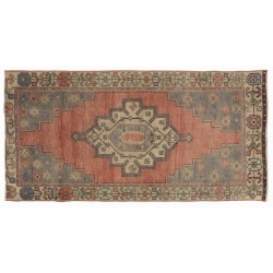 Traditional Hand-Knotted Turkish Village Rug Made of Wool. 3.2 x 6 Ft (95 x 183 cm)