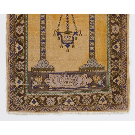 Handmade Vintage Anatolian Prayer Rug depicting a Chandelier, Couple of Columns and Flowers. 3.3 x 5.4 Ft (99 x 163 cm)