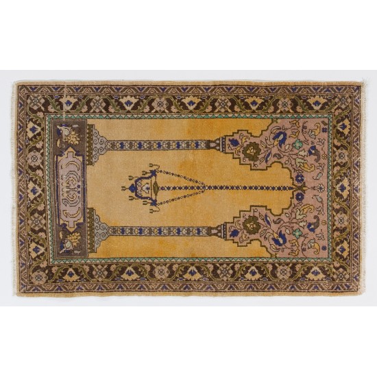 Handmade Vintage Anatolian Prayer Rug depicting a Chandelier, Couple of Columns and Flowers. 3.3 x 5.4 Ft (99 x 163 cm)