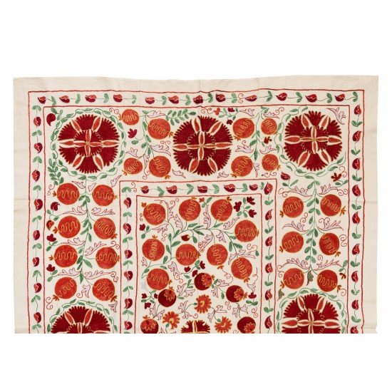New Silk and Cotton Suzani Wall Hanging. Traditional Hand Embroidered Uzbek Bedspread. 4.6 x 6.3 Ft (138 x 190 cm)