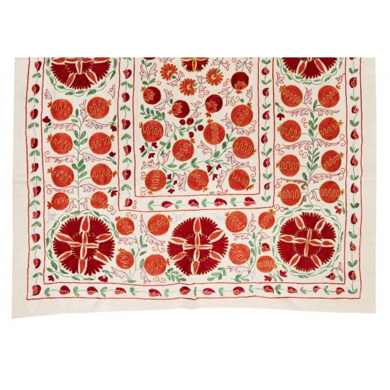 New Silk and Cotton Suzani Wall Hanging. Traditional Hand Embroidered Uzbek Bedspread. 4.6 x 6.3 Ft (138 x 190 cm)