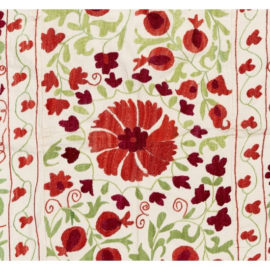 New Silk and Cotton Suzani Wall Hanging. Traditional Hand Embroidered Uzbek Bedspread. 4.6 x 7 Ft (140 x 212 cm)