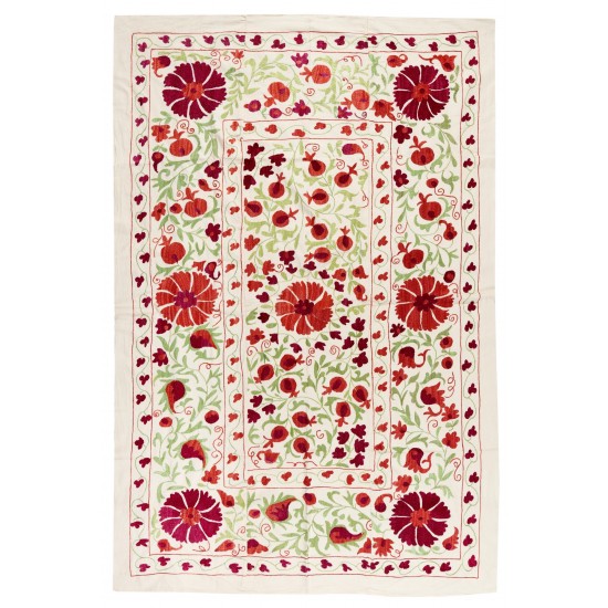 New Silk and Cotton Suzani Wall Hanging. Traditional Hand Embroidered Uzbek Bedspread. 4.6 x 7 Ft (140 x 212 cm)