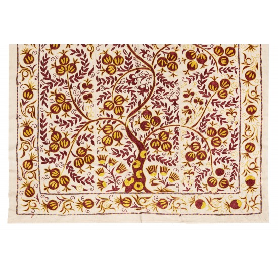 Silk Hand Embroidered Bed Cover, New Suzani Wall Hanging from Uzbekistan. 5 x 6.6 Ft (150 x 200 cm)