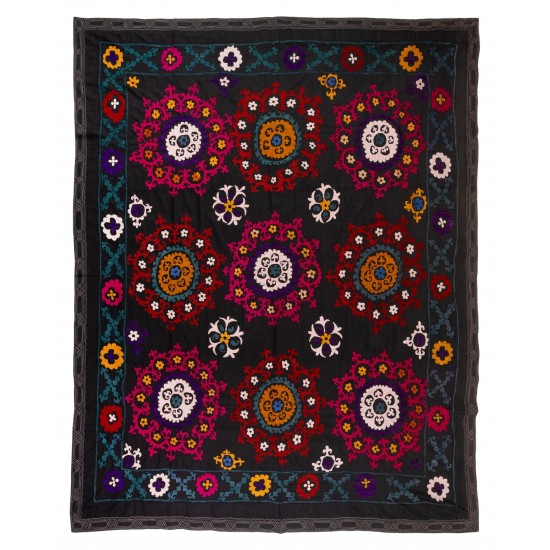 Silk Hand Embroidered Bed Cover, Vintage Suzani Wall Hanging from Uzbekistan. 6.4 x 7.8 Ft (195 x 236 cm)