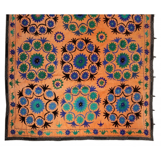 Silk Hand Embroidered Bed Cover, Vintage Suzani Wall Hanging from Uzbekistan. 7.4 x 12 Ft (223 x 363 cm)