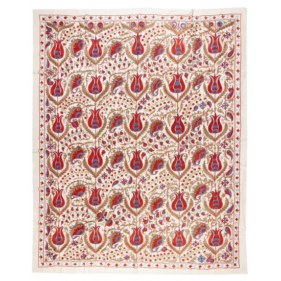 New Silk Hand Embroidered Bed Cover, Decorative Suzani Wall Hanging from Uzbekistan. 7.6 x 9 Ft (230 x 275 cm)