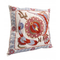 Silk Embroidery Suzani Cushion Cover, Authentic Uzbek Throw Pillow Cover. 17" x 17" (43 x 43 cm)