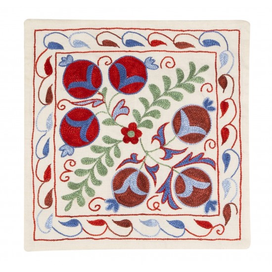 21st-Century Suzani Throw Pillow Cover from Uzbekistan. Hand Embroidered Cotton and Silk Cushion Cover. 18" x 18" (44 x 44 cm)