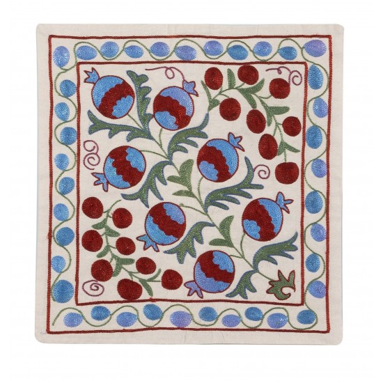 Decorative Silk Hand Embroidered Suzani Cushion Cover from Uzbekistan. 18" x 17" (45 x 43 cm)