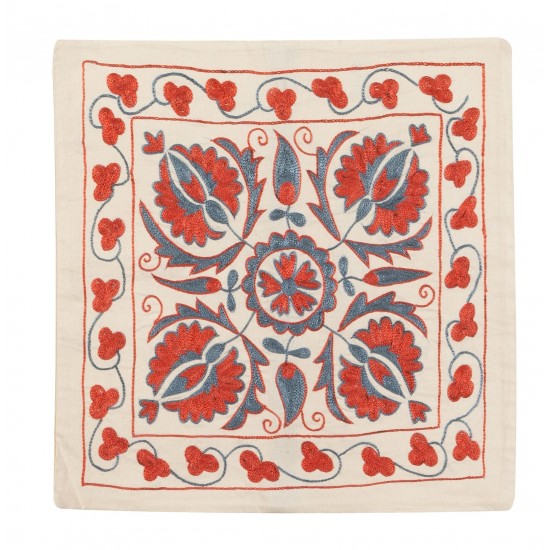21st Century Hand Embroidered Silk Suzani Cushion Cover from Uzbekistan, Decorative Throw Pillow Cover. 19" x 19" (46 x 46 cm)