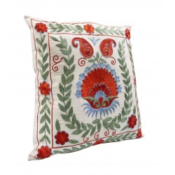Silk Embroidery Suzani Cushion Cover, Authentic Uzbek Throw Pillow Cover. 19" x 19" (46 x 46 cm)
