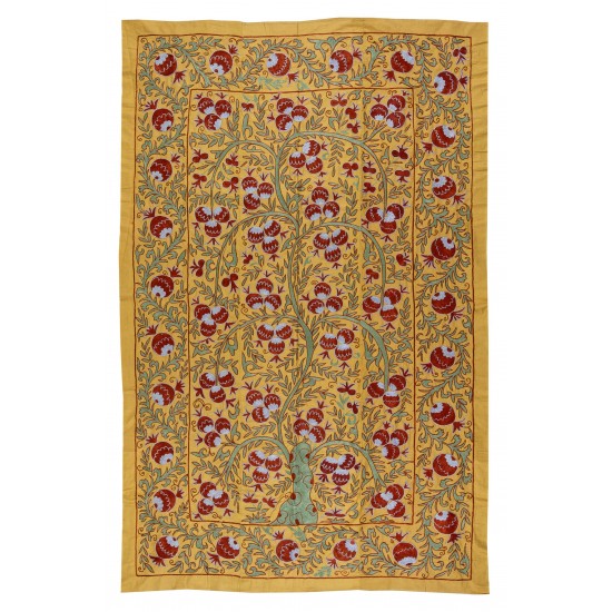 Silk Suzani Wall Hanging from Uzbekistan, Brand-New Hand Embroidered Bed or Table Cover. 4.5 x 6.9 Ft (137 x 210 cm)