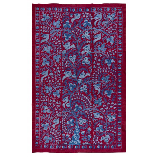 Silk Suzani Wall Hanging from Uzbekistan, Brand-New Hand Embroidered Bed or Table Cover. 4.6 x 7 Ft (138 x 213 cm)