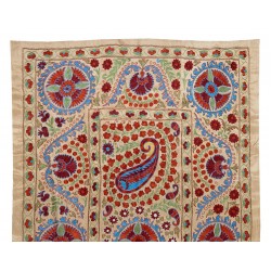 Silk Suzani Wall Hanging from Uzbekistan, Brand-New Hand Embroidered Bed or Table Cover. 4.6 x 7.3 Ft (138 x 220 cm)