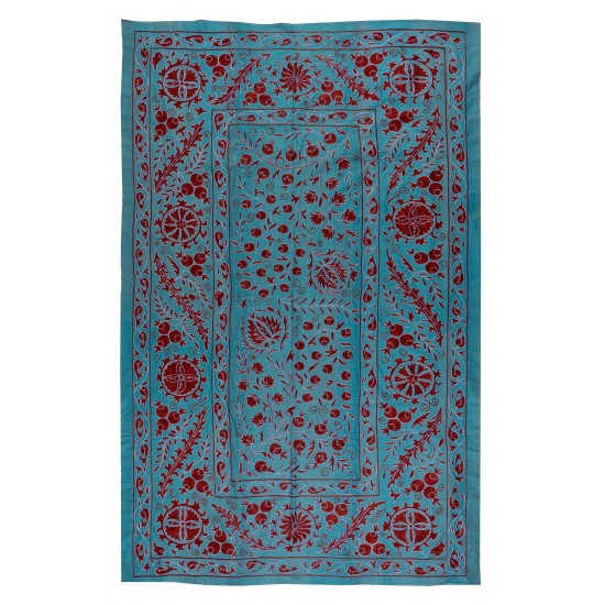 Decorative Silk Suzani Textille. Brand New Uzbek Embroidery Wall Hanging, Bed or Table Cover. 4.6 x 7 Ft (140 x 216 cm)