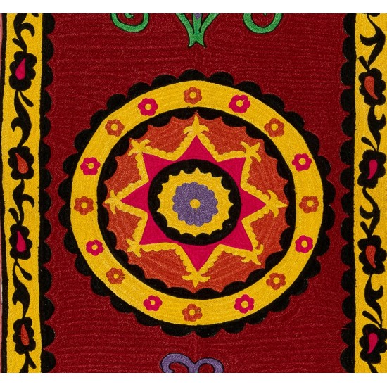 Silk Hand Embroidered Table Runner, Vintage Suzani Wall Hanging from Uzbekistan. 2.3 x 7.4 Ft (70 x 225 cm)