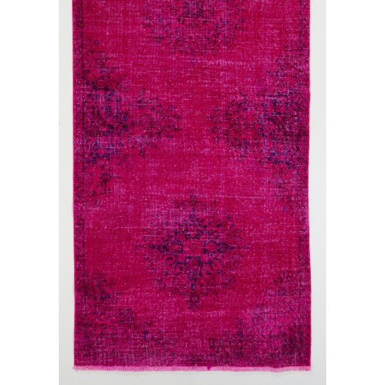 Pink Overdyed Runner Rug, Vintage Handmade Corridor Carpet from Turkey. 3.8 x 11.4 Ft (115 x 345 cm)