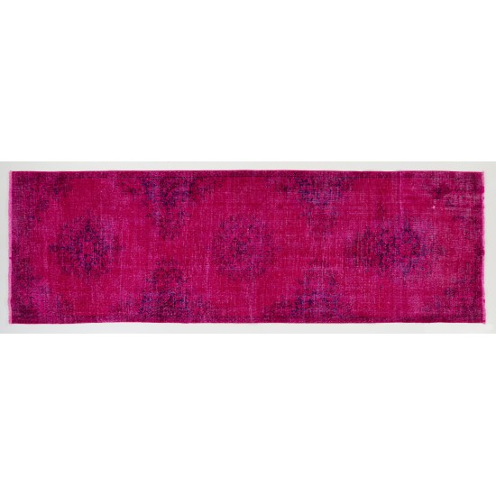 Pink Overdyed Runner Rug, Vintage Handmade Corridor Carpet from Turkey. 3.8 x 11.4 Ft (115 x 345 cm)