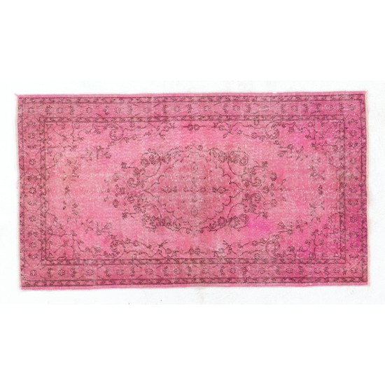Pink Overdyed Vintage Handmade Anatolian Accent Rug with Medallion Design. 3.9 x 6.9 Ft (116 x 208 cm)