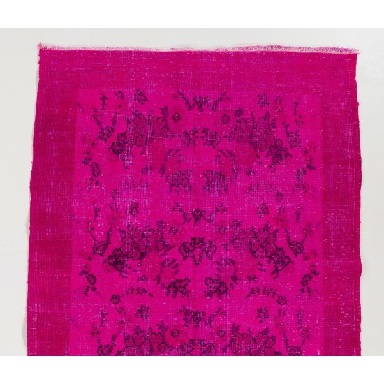 Fuchsia Pink Overdyed Vintage Handmade Anatolian Accent Rug with Floral Design. 3.9 x 6.9 Ft (116 x 210 cm)