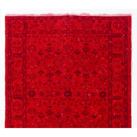 Red Overdyed Accent Rug with Floral Design, 1960s Hand-Knotted Central Anatolian Carpet. 3.9 x 6.9 Ft (117 x 210 cm)