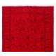 Red Overdyed Accent Rug with Floral Design, 1960s Hand-Knotted Central Anatolian Carpet. 3.9 x 6.9 Ft (117 x 210 cm)