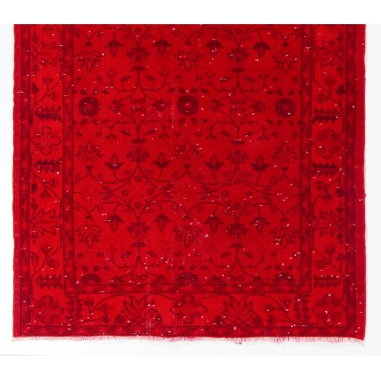 Red Overdyed Accent Rug with Floral Design, 1960s Hand-Knotted Central Anatolian Carpet. 3.9 x 6.9 Ft (117 x 210 cm)