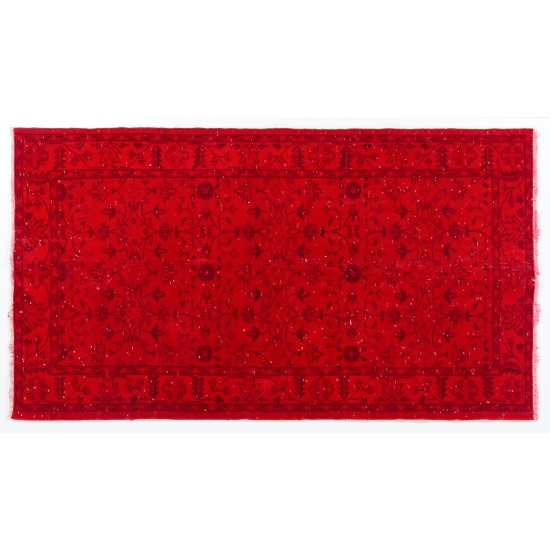 Red Overdyed Accent Rug with Floral Design, 1960s Hand-Knotted Central Anatolian Carpet. 3.9 x 6.9 Ft (117 x 210 cm)