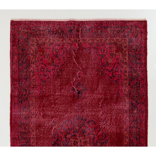 Red Overdyed Accent Rug, 1960s Hand-Knotted Central Anatolian Carpet. 4 x 7.3 Ft (120 x 222 cm)