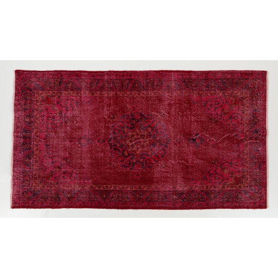 Red Overdyed Accent Rug, 1960s Hand-Knotted Central Anatolian Carpet. 4 x 7.3 Ft (120 x 222 cm)