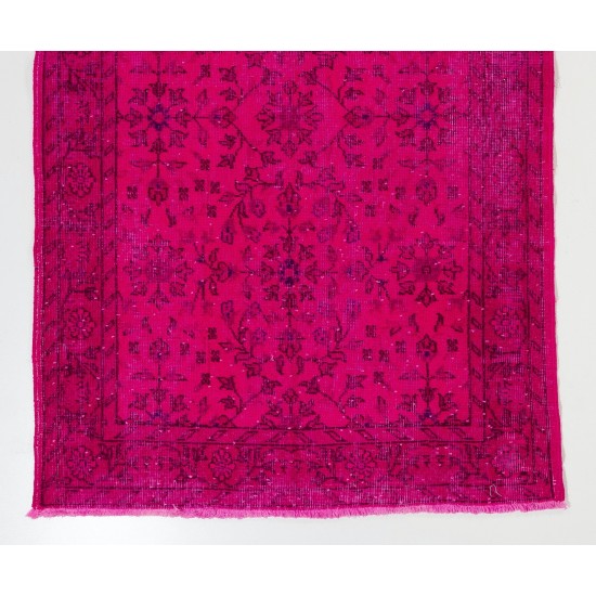 Pink Overdyed Rug with Floral Design, Vintage Handmade Carpet from Turkey. 4 x 7 Ft (121 x 214 cm)
