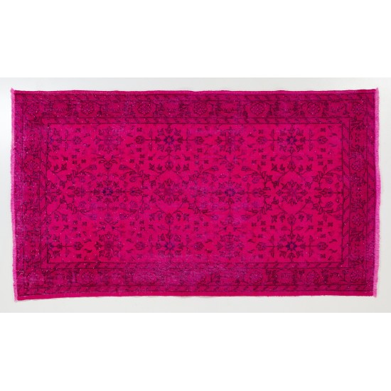 Pink Overdyed Rug with Floral Design, Vintage Handmade Carpet from Turkey. 4 x 7 Ft (121 x 214 cm)