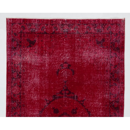 Red Overdyed Accent Rug, 1960s Hand-Knotted Central Anatolian Carpet. 4 x 6.6 Ft (122 x 200 cm)