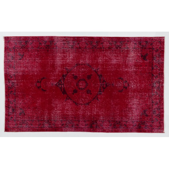 Red Overdyed Accent Rug, 1960s Hand-Knotted Central Anatolian Carpet. 4 x 6.6 Ft (122 x 200 cm)