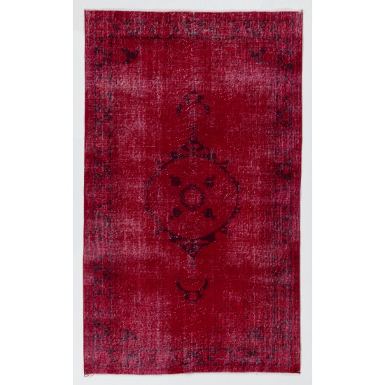 Red Overdyed Accent Rug, 1960s Hand-Knotted Central Anatolian Carpet. 4 x 6.6 Ft (122 x 200 cm)