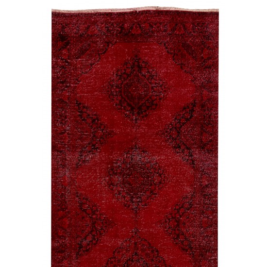 Red Overdyed Runner Rug, 1960s Hand-Knotted Central Anatolian Carpet. 4.3 x 13.5 Ft (130 x 410 cm)