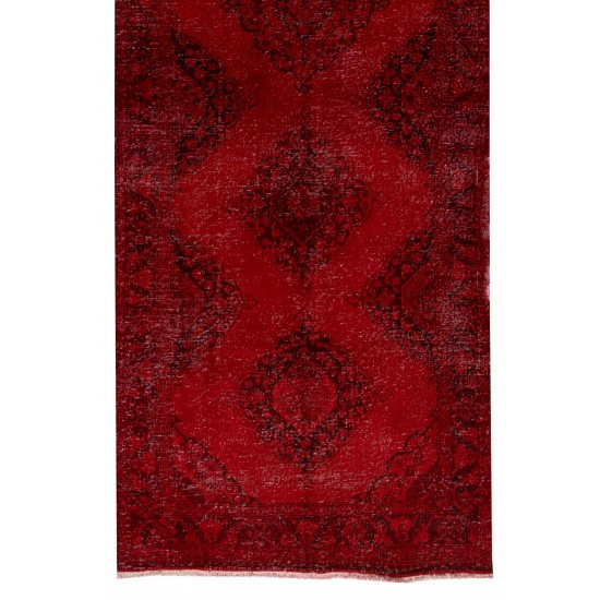 Red Overdyed Runner Rug, 1960s Hand-Knotted Central Anatolian Carpet. 4.3 x 13.5 Ft (130 x 410 cm)