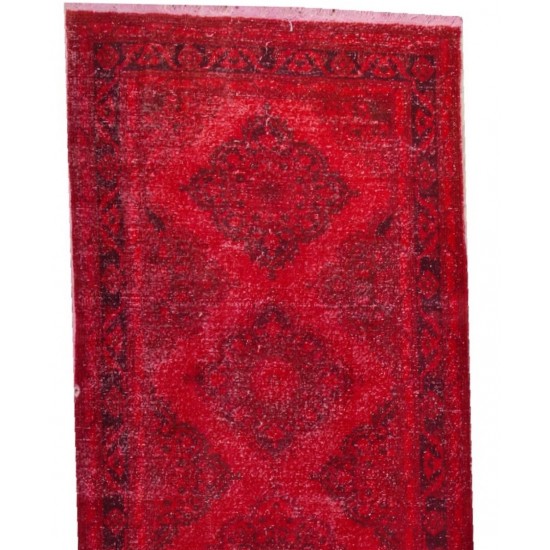 Red Overdyed Runner Rug, 1960s Hand-Knotted Central Anatolian Carpet. 4.6 x 12.7 Ft (140 x 385 cm)