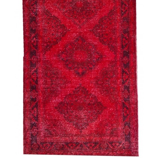 Red Overdyed Runner Rug, 1960s Hand-Knotted Central Anatolian Carpet. 4.6 x 12.7 Ft (140 x 385 cm)